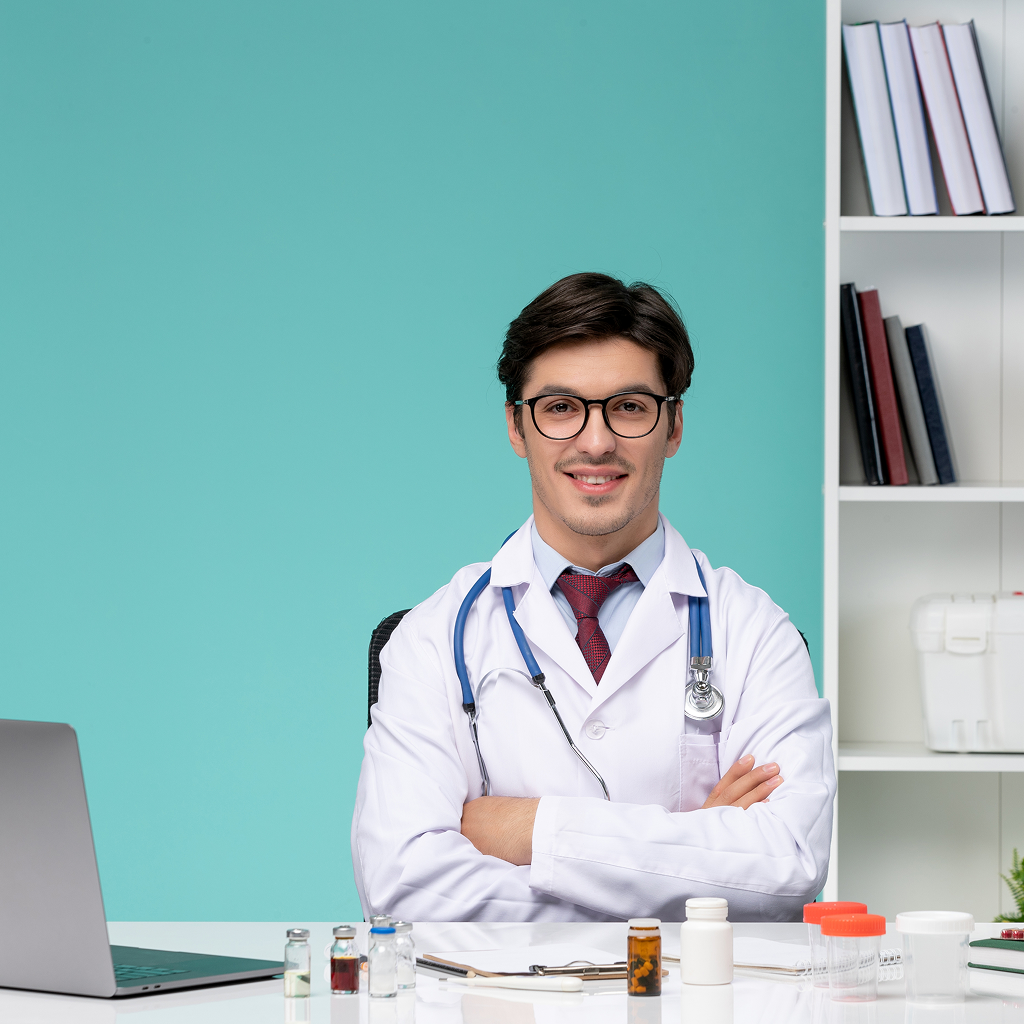 medical-smart-young-doctor-lab-coat-working-remotely-computer-crossing-hands